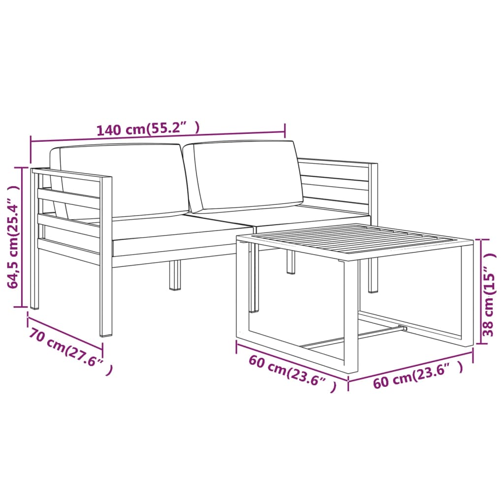 3-tlg. Garten-Lounge-Set mit Kissen Aluminium Anthrazit