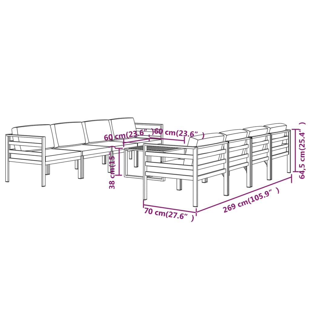 9-tlg. Garten-Lounge-Set mit Kissen Aluminium Anthrazit