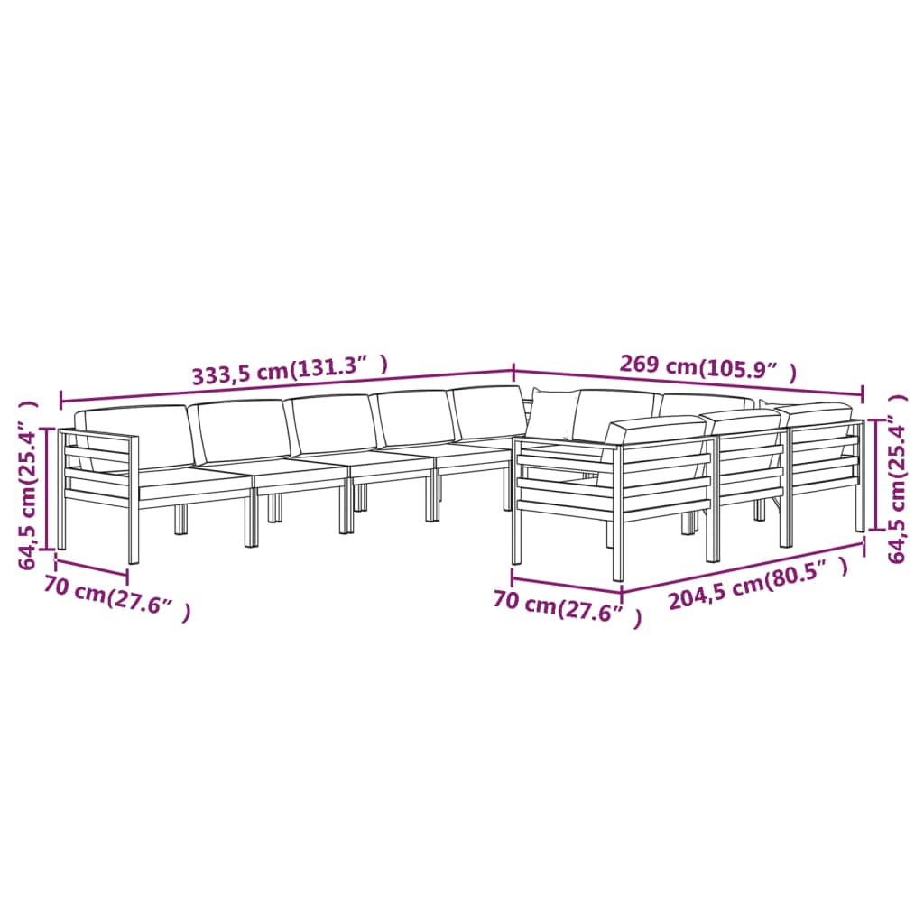 10-tlg. Garten-Lounge-Set mit Kissen Aluminium Anthrazit