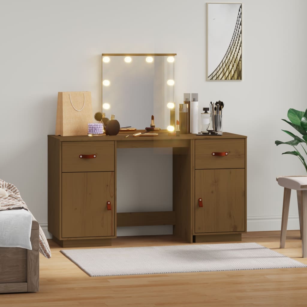 Dressing table set with LED honey brown solid pine