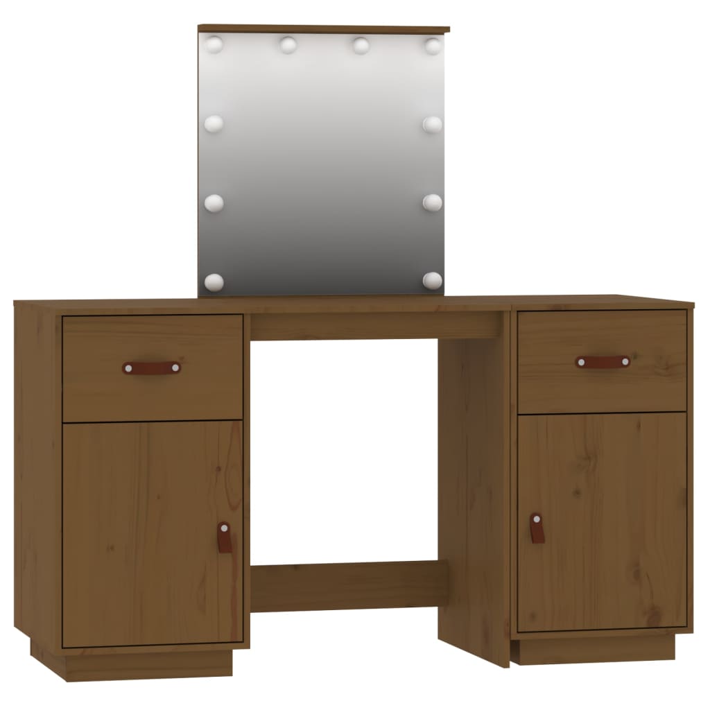 Dressing table set with LED honey brown solid pine