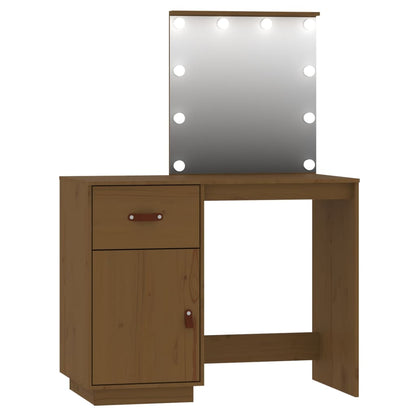 Dressing table set with LED honey brown solid pine