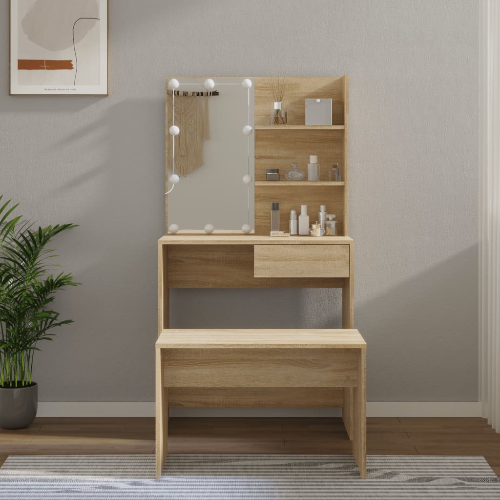 Dressing table set with LED Sonoma oak wood material