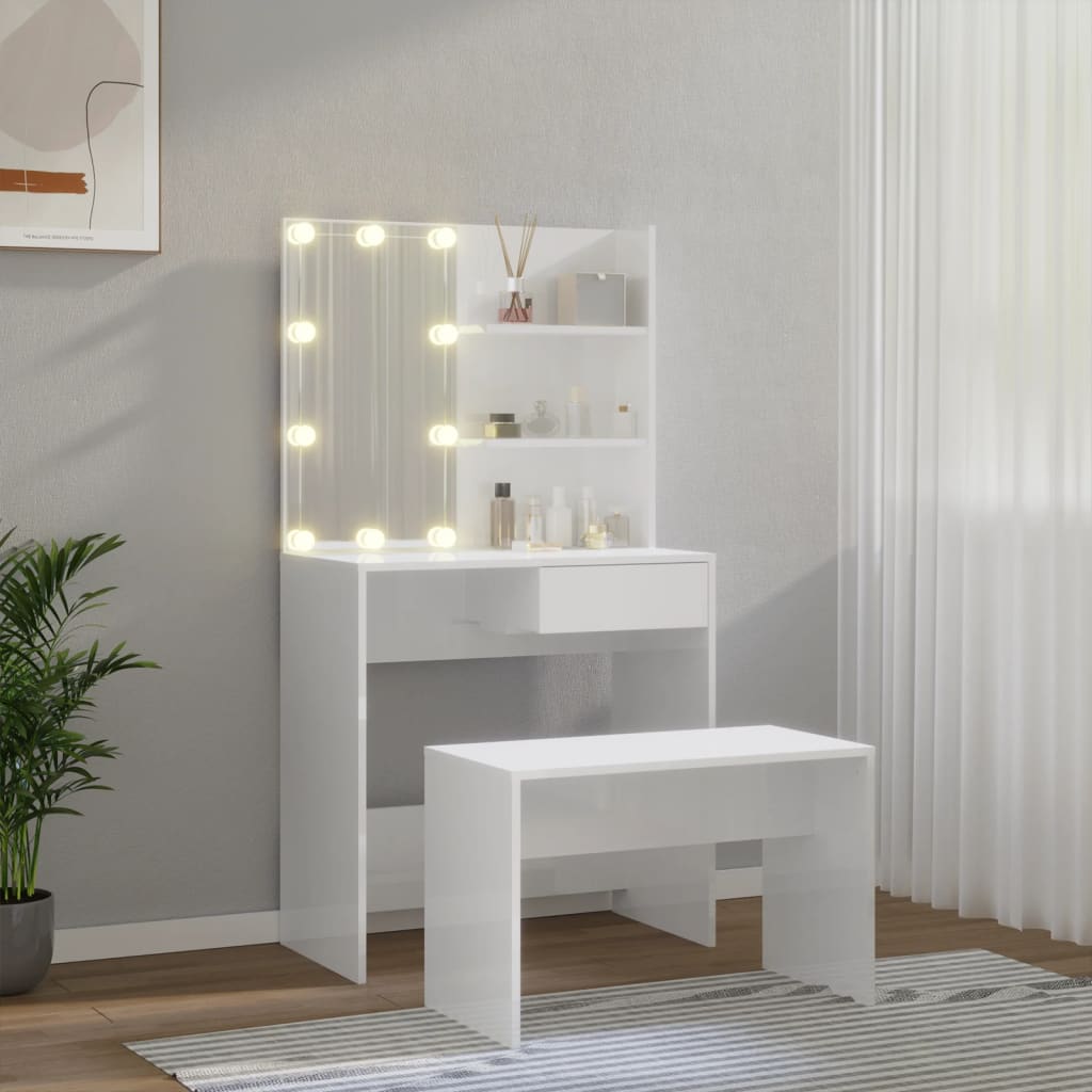 Dressing table set with LED high gloss white wood material