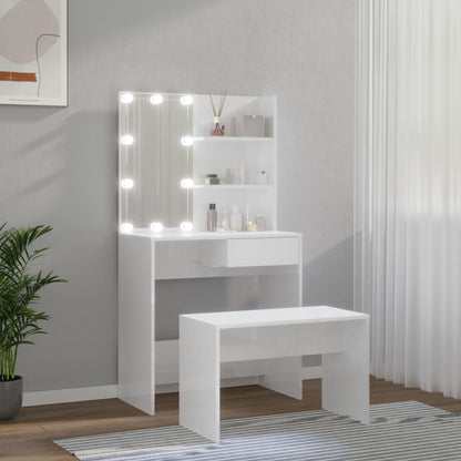 Dressing table set with LED high gloss white wood material