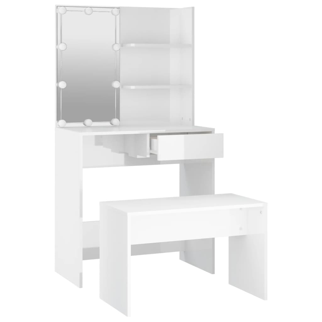 Dressing table set with LED high gloss white wood material