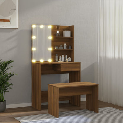 Dressing table set with LED brown oak look wood material