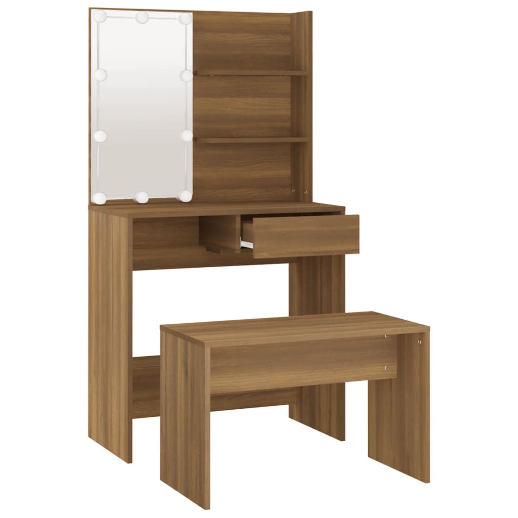 Dressing table set with LED brown oak look wood material