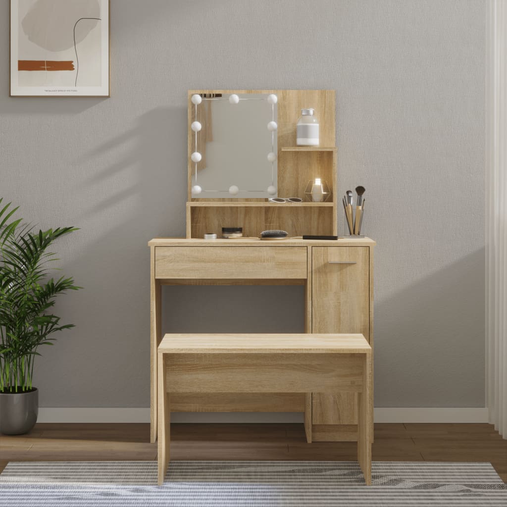 Dressing table set with LED Sonoma oak wood material