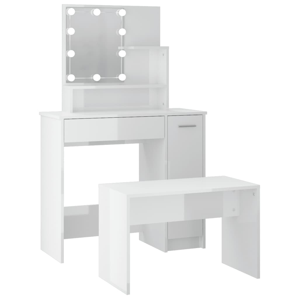 Dressing table set with LED high gloss white wood material