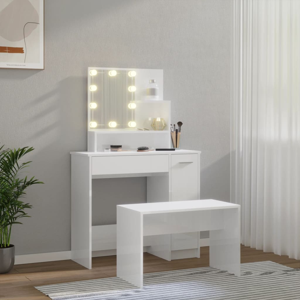 Dressing table set with LED high gloss white wood material