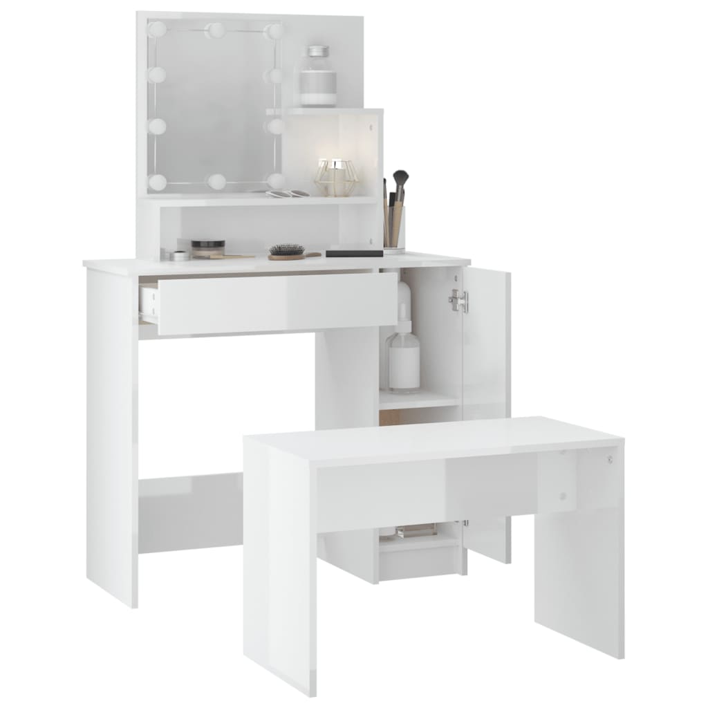 Dressing table set with LED high gloss white wood material