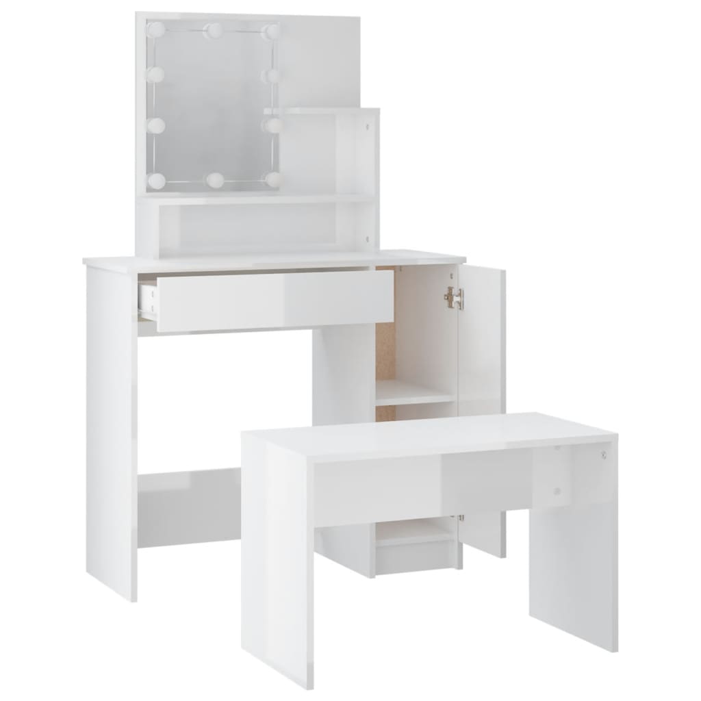 Dressing table set with LED high gloss white wood material