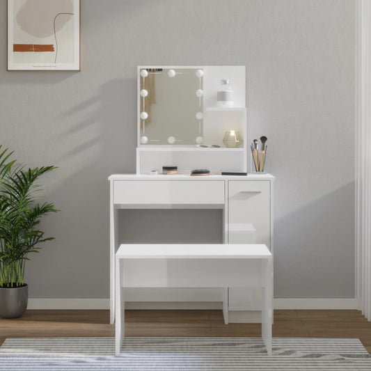 Dressing table set with LED high gloss white wood material