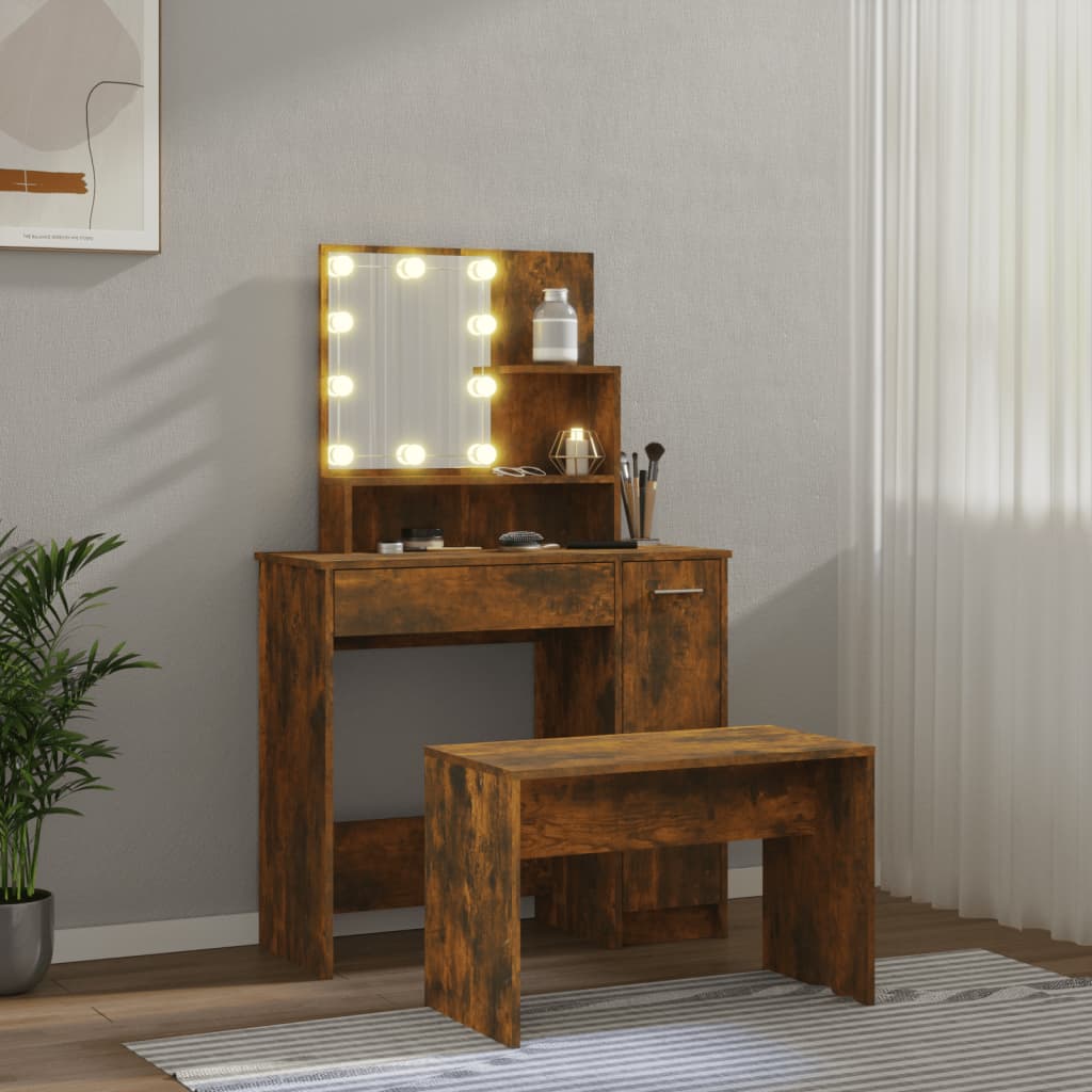 Dressing table set with LED smoked oak wood material