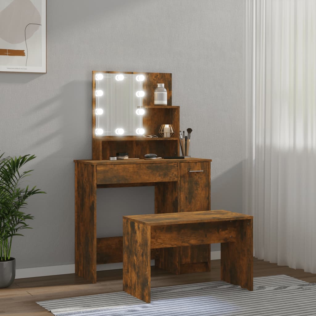 Dressing table set with LED smoked oak wood material