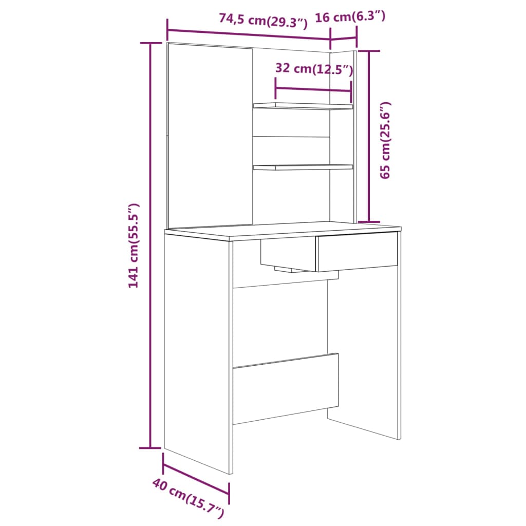 Dressing table set white 74.5x40x141 cm