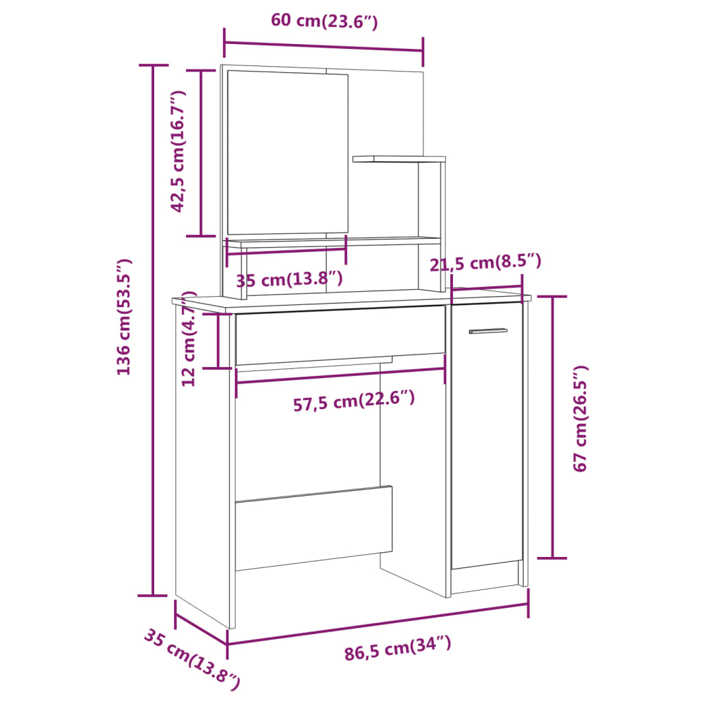 Schminktisch-Set Sonoma-Eiche 86,5x35x136 cm