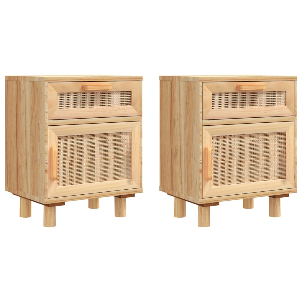 Bedside tables 2 pcs. Brown solid pine and natural rattan