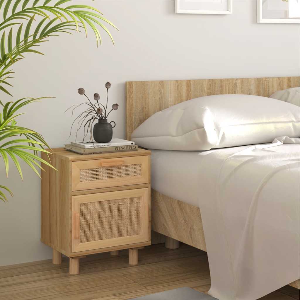 Bedside tables 2 pcs. Brown solid pine and natural rattan