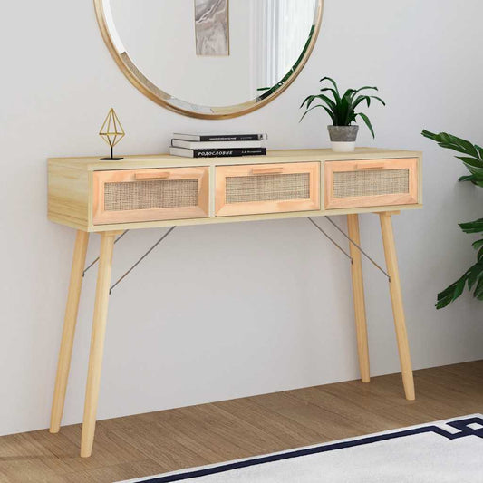 Console table brown 105x30x75 cm solid pine natural rattan