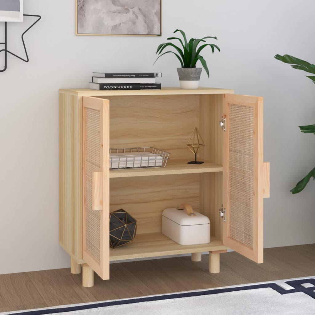 Sideboard Braun 60x30x70 cm Massivholz Kiefer und Natur-Rattan