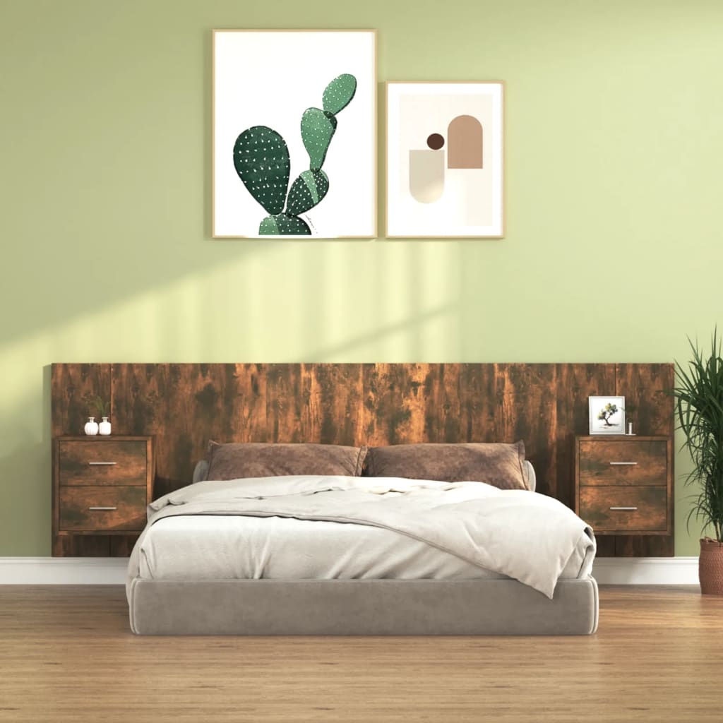 Headboard with bedside tables smoked oak wood material