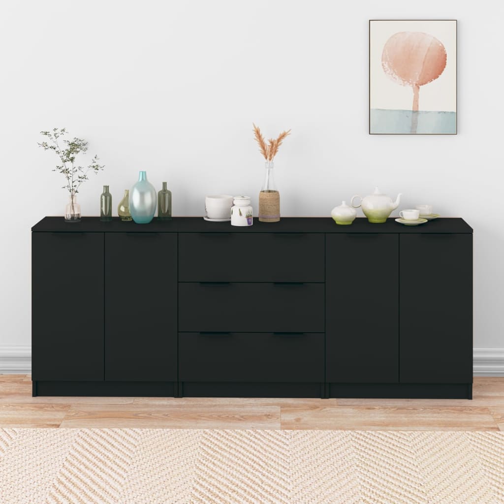 3-tlg. Sideboard-Set Schwarz Holzwerkstoff