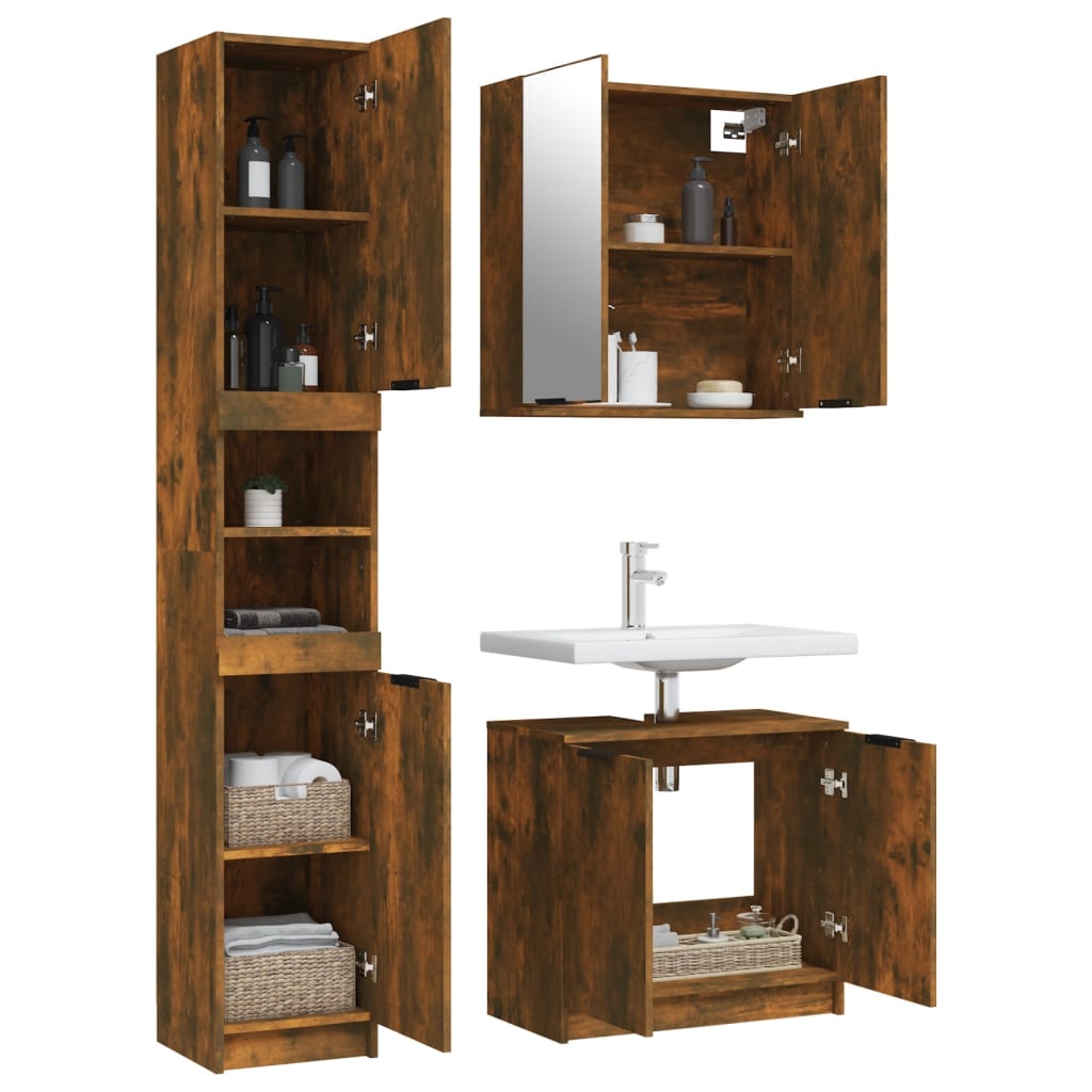 3-piece bathroom furniture set smoked oak wood material