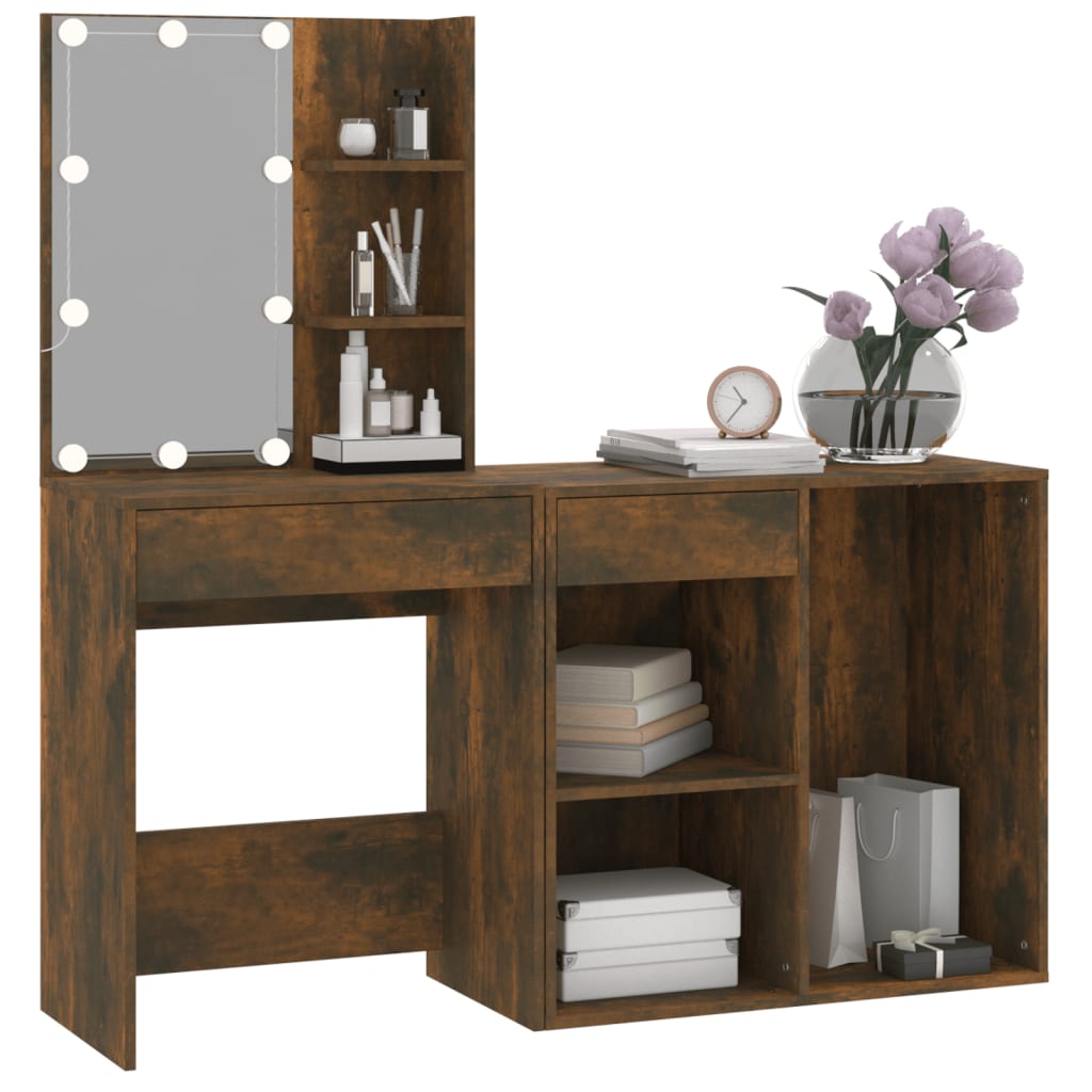 LED dressing table with cabinet smoked oak wood material