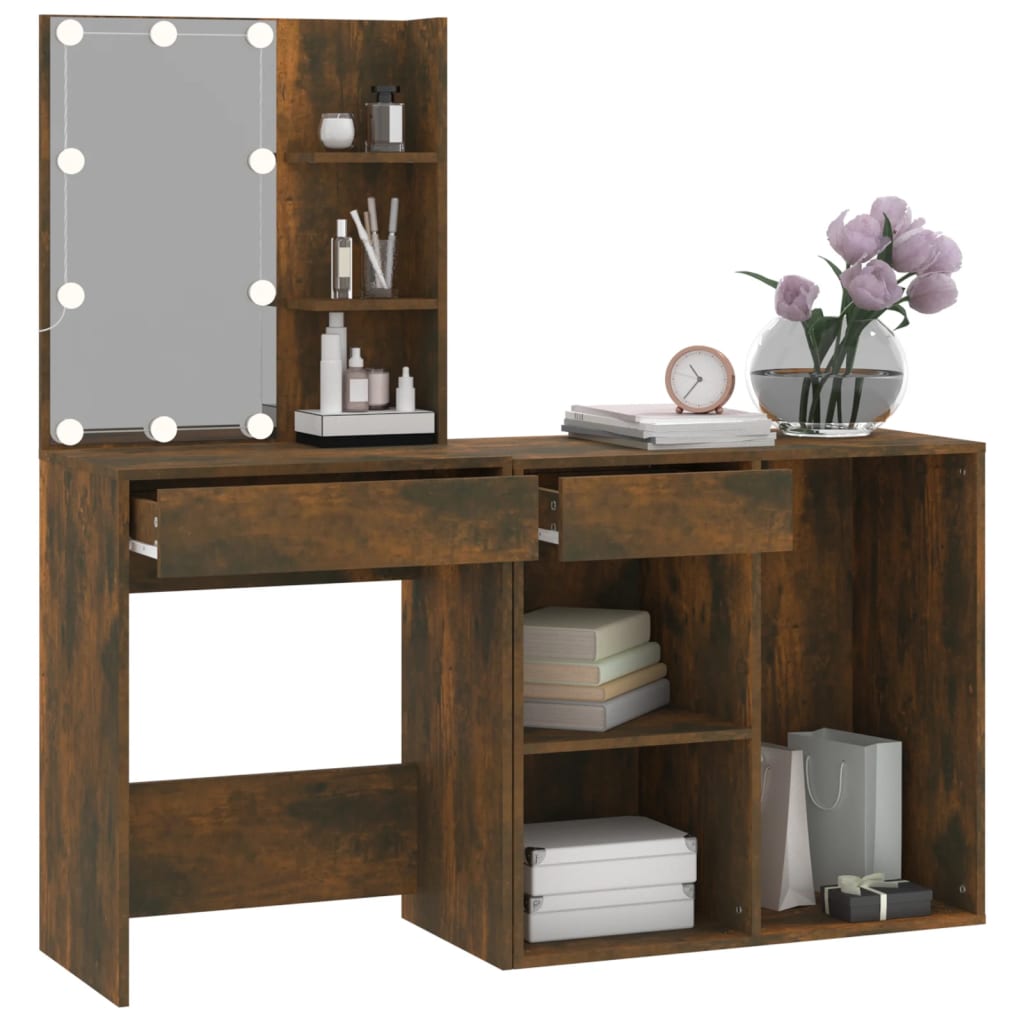 LED dressing table with cabinet smoked oak wood material