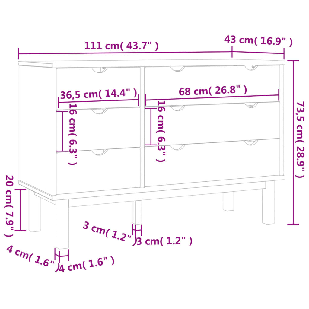 Schubladenschrank OTTA 111x43x73,5 cm Massivholz Kiefer