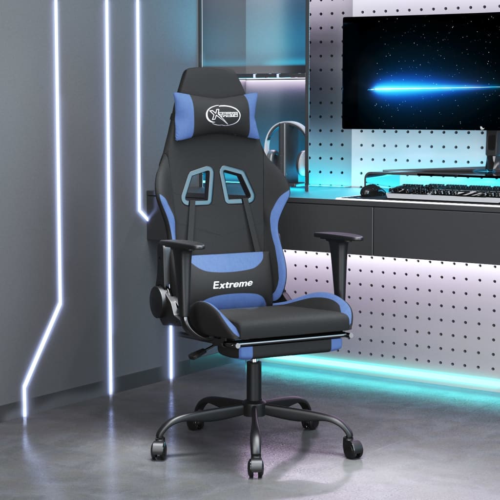 Gaming-Stuhl mit Fußstütze Schwarz und Blau Stoff