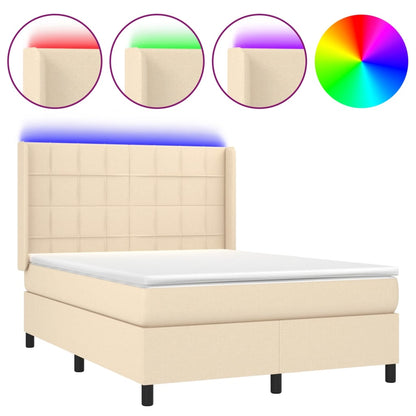 Box spring bed with mattress &amp; LED cream 140x200 cm fabric