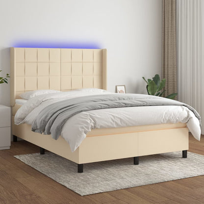 Box spring bed with mattress &amp; LED cream 140x200 cm fabric