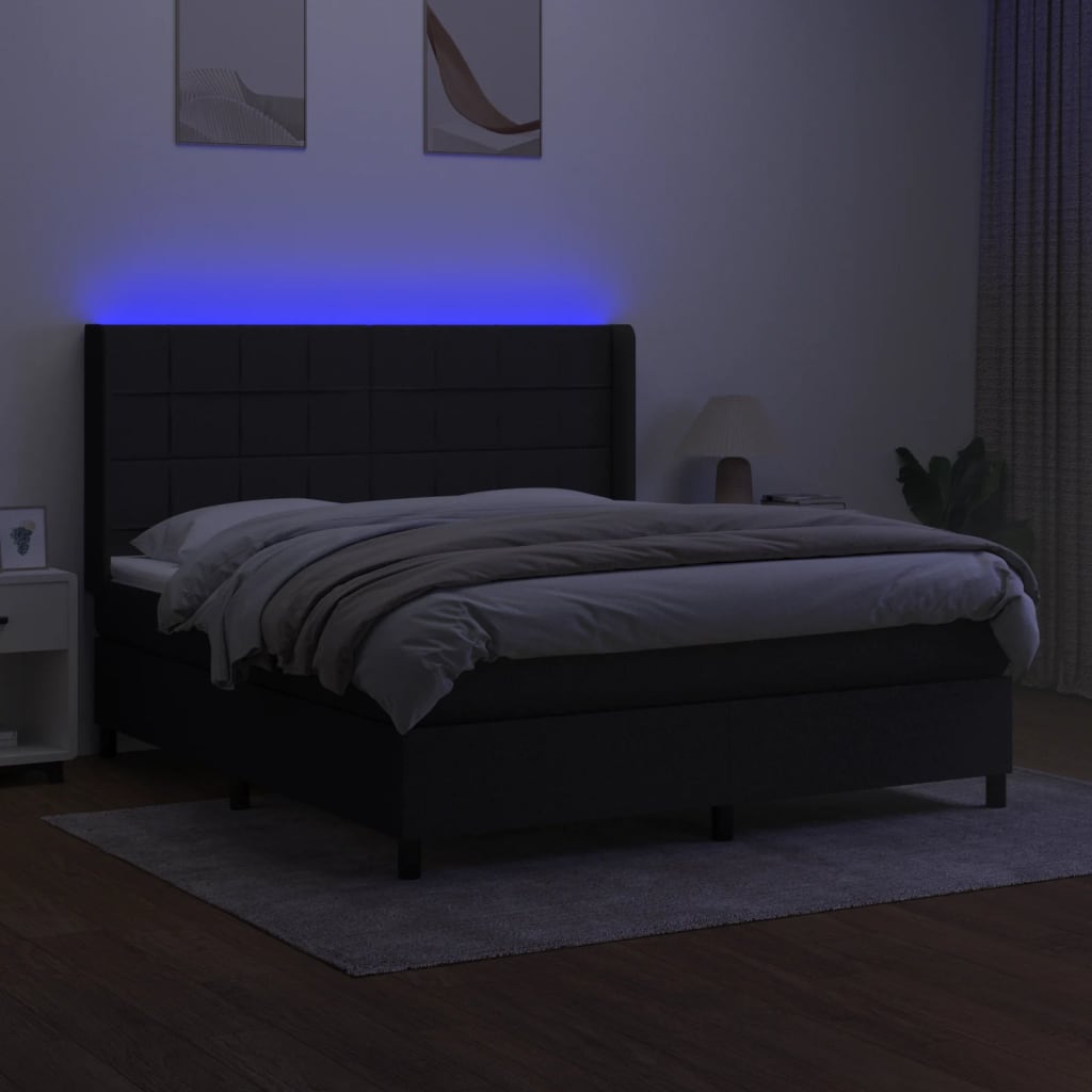 Box spring bed with mattress &amp; LED black 160x200 cm fabric