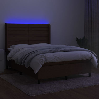 Box spring bed with mattress &amp; LED dark brown 140x200 cm fabric