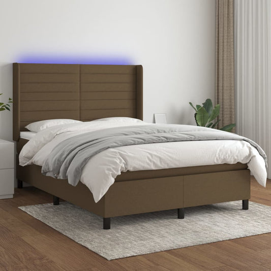 Box spring bed with mattress &amp; LED dark brown 140x200 cm fabric