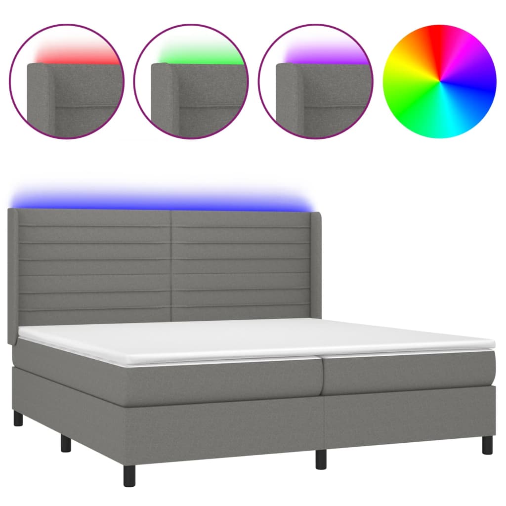 Box spring bed with mattress &amp; LED dark grey 200x200 cm fabric