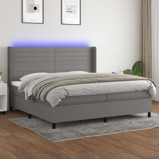 Box spring bed with mattress &amp; LED dark grey 200x200 cm fabric