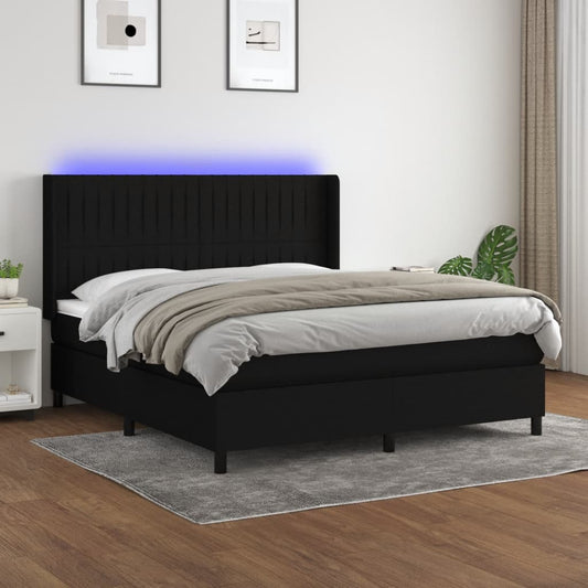 Box spring bed with mattress &amp; LED black 160x200 cm fabric