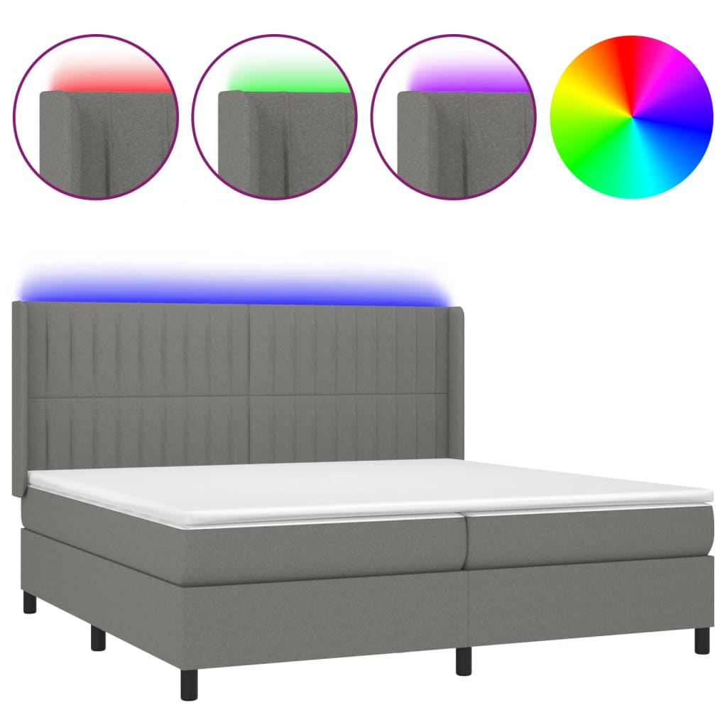 Box spring bed with mattress &amp; LED dark grey 200x200 cm fabric