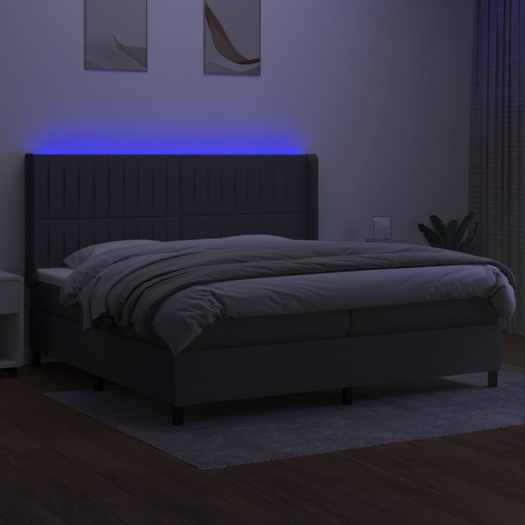 Box spring bed with mattress &amp; LED dark grey 200x200 cm fabric