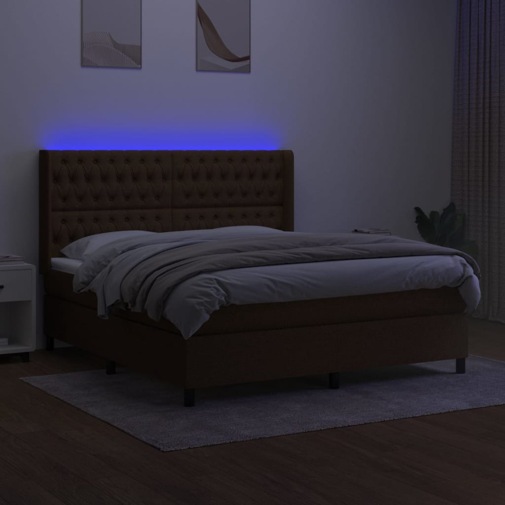 Box spring bed with mattress &amp; LED dark brown 160x200 cm fabric