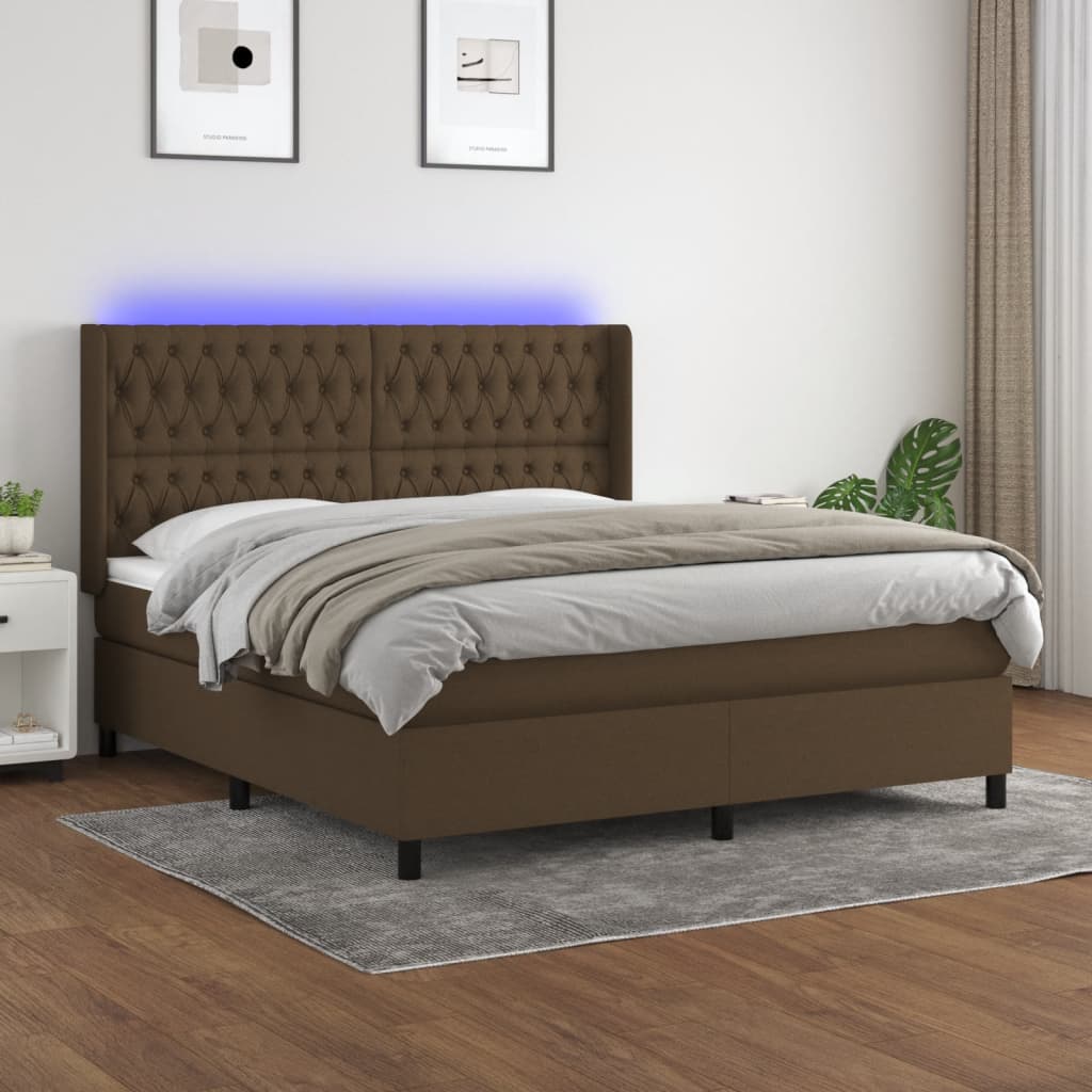 Box spring bed with mattress &amp; LED dark brown 160x200 cm fabric