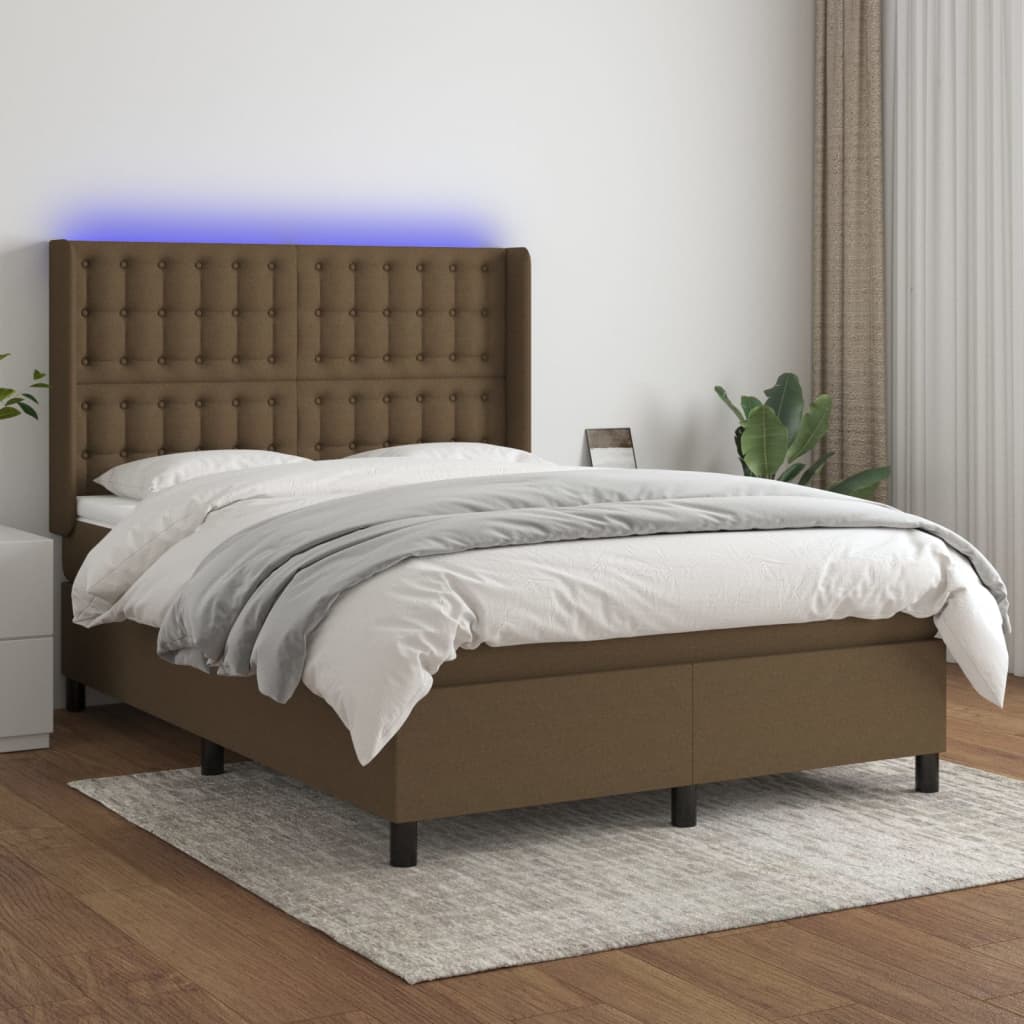 Box spring bed with mattress &amp; LED dark brown 140x200 cm fabric