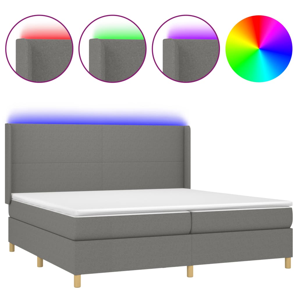 Box spring bed with mattress &amp; LED dark grey 200x200 cm fabric