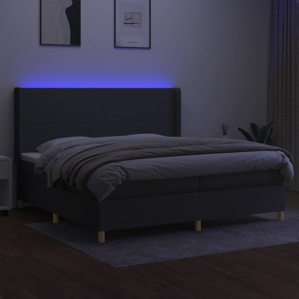 Box spring bed with mattress &amp; LED dark grey 200x200 cm fabric