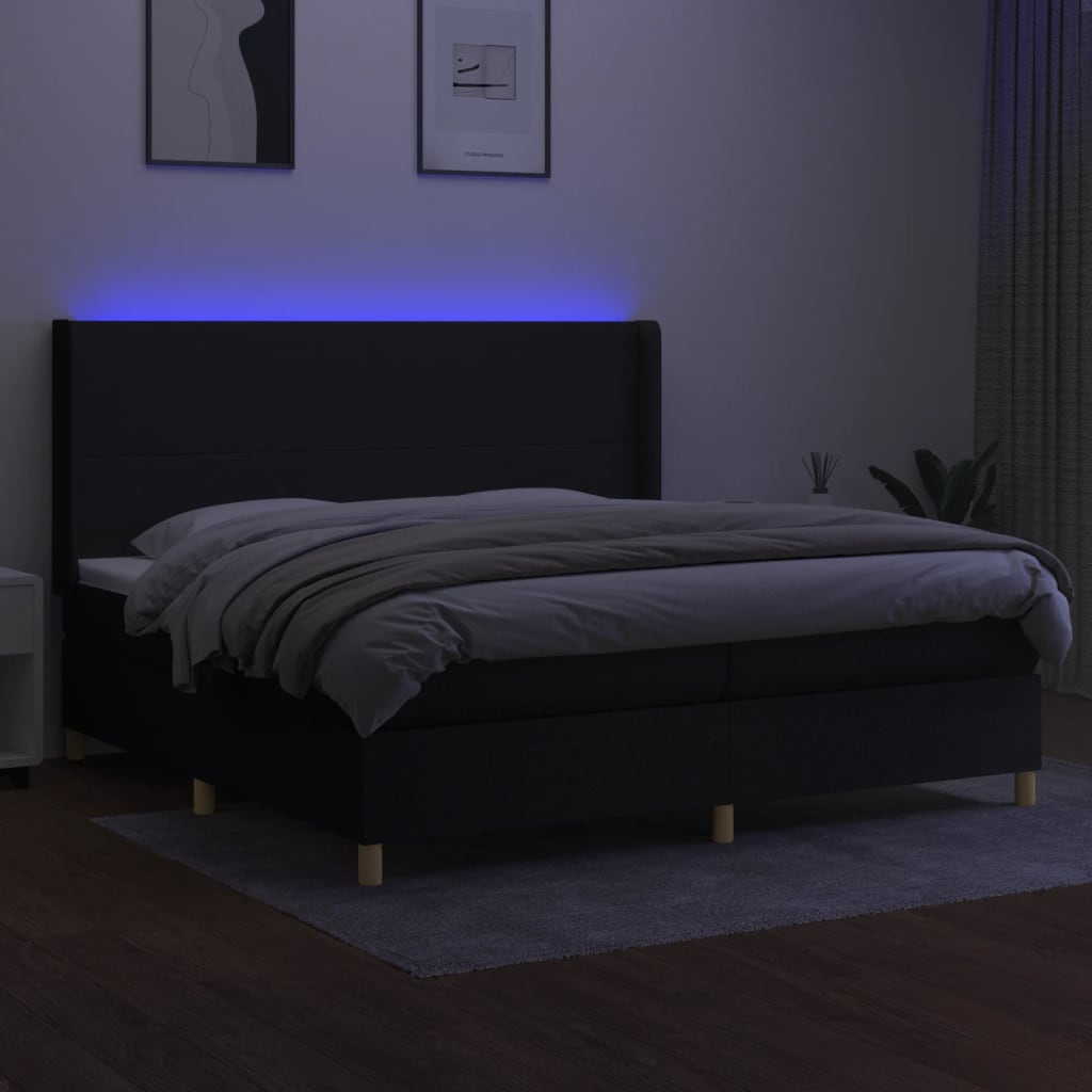 Box spring bed with mattress &amp; LED black 200x200 cm fabric