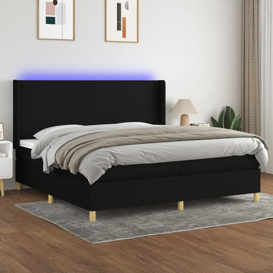 Box spring bed with mattress &amp; LED black 200x200 cm fabric